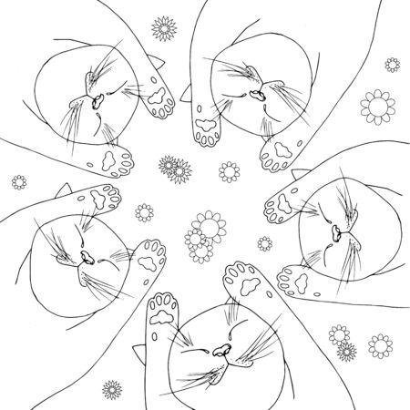 Sleeping cats lie on their backs in flowers. Relax conception ink hand drawn stock vector illustration for coloring book, for web, for printのイラスト素材