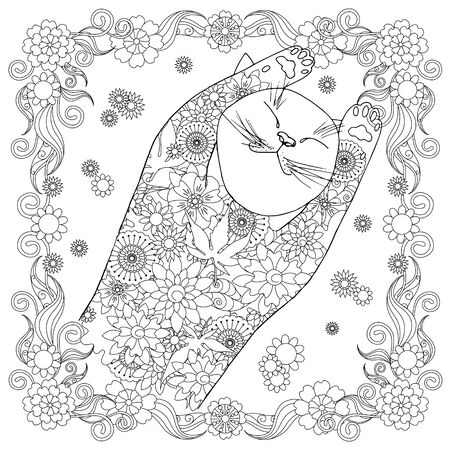 Sleeping cats lie on their backs in flowers fraime. Relax conception ink hand drawn stock vector illustration for coloring book, for web, for printのイラスト素材