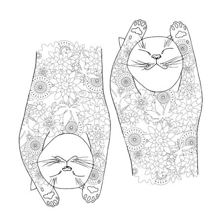 Sleeping flower cats lie on their backs. Relax conception ink hand drawn stock vector illustration for coloring book, for web, for printのイラスト素材
