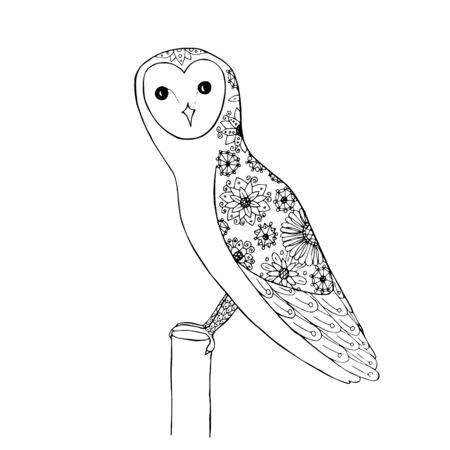 Owl cartoons hand drawn flower doodle monochrome art design element stock vector illustration for coloring book, for web, for printのイラスト素材