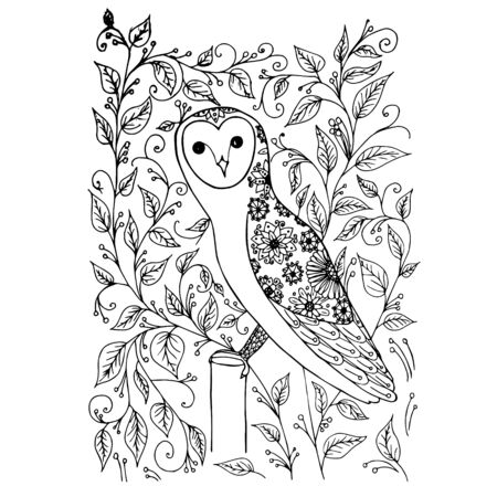 Owl cartoons hand drawn flower doodle monochrome art design element stock vector illustration for coloring book, for web, for printのイラスト素材