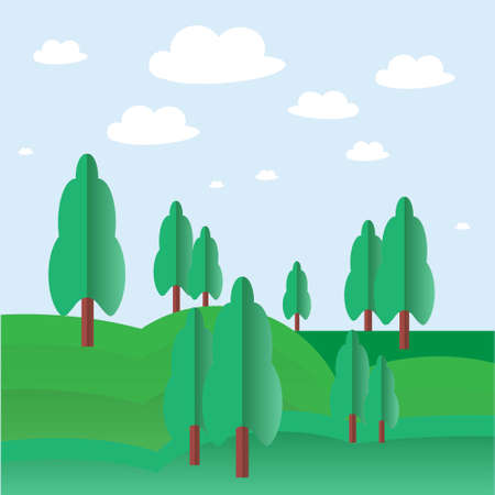 Trees on hill. Nature background green plant, blue sky, white cloud art flat design element stock vector illustration for we, for printのイラスト素材