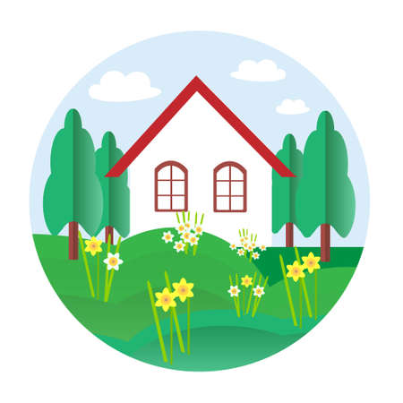 House banner, green hill, yellow and white daffodeal. Round flat design illustration art design stock vector illustration for web, for printのイラスト素材