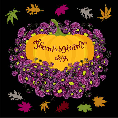 Thanksgiving Day banner. Lettering on orange pumpkin, violet aster fallen marple oak leaves on black design element stock vector illustration for web, for printのイラスト素材