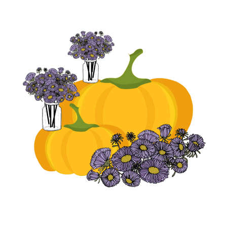 Yellow pumpkin blue aster in jar on white. Art design stock vector for web, for print, for fabric print, for wrapping paperのイラスト素材