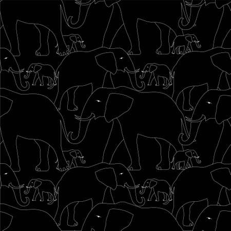 Outline elephant seamless pattern. Animal on black monochrome pattern for fabric print, for print, for printのイラスト素材