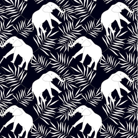 Elephant leaves seamless pattern. White pattern on black monochrome pattern for fabric print, for print, for printの写真素材