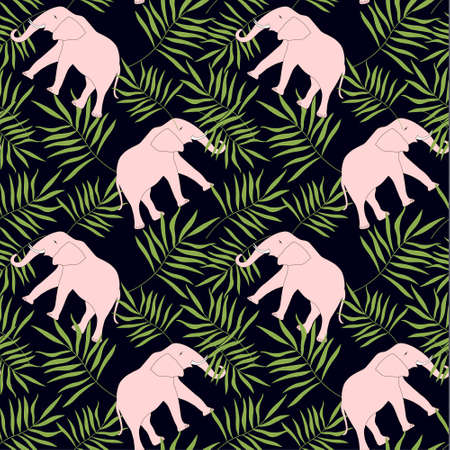 Elephant leaves seamless pattern. Pink animal green leaves pattern on black pattern for fabric print, for print, for printのイラスト素材