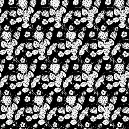 Struwberry on black seamless background. Botanical floral endless pattern for fabric print, for wallpaper, for web, for print art design stock monochrome vector illustration for web, for printのイラスト素材