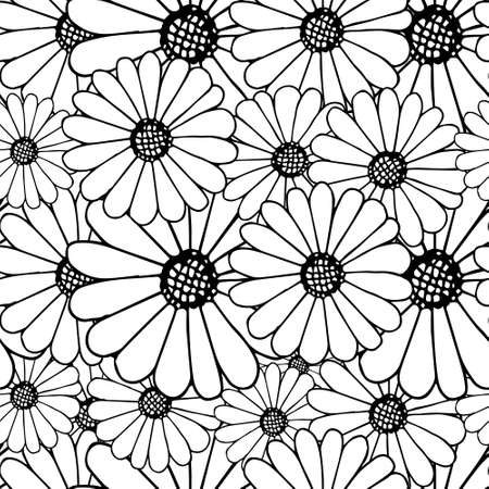 Outline daisy on white seamless background. Botanical endless pattern for fabric print, for wallpaper, for web, for print art design stock monochrome vector illustration for web, for printのイラスト素材