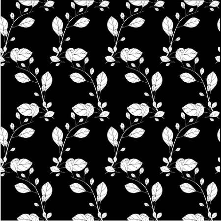 Branch on black seamless background. Botanical floral endless pattern for fabric print, for wallpaper, for web, for print art design stock monochrome vector illustration for web, for printのイラスト素材