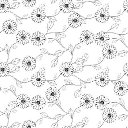 Outline flower leaves on white seamless background. Botanical endless pattern for fabric print, for wallpaper, for web, for print art design stock monochrome vector illustration for web, for printのイラスト素材