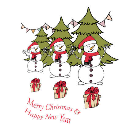 Merry Christmas and Happy New Year banner. Snowman christmas tree gift box, flag on white art design stock vector illustration for web, for printのイラスト素材