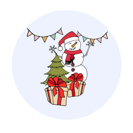 Snowman christmas tree gift on blue circle sticker. Winter holiday art design stock vector illustration for web, for print, for fabric printのイラスト素材