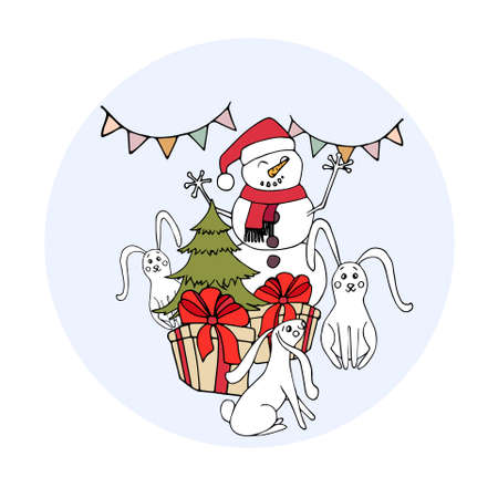 Snowman christmas tree gift rabbit on blue circle sticker. Winter holiday art design stock vector illustration for web, for print, for fabric printのイラスト素材