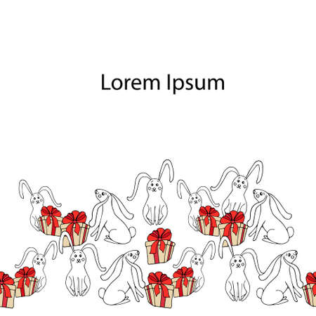 White rabbit red bow gift horizontal seamless pattern Lorem Ipsum. Art design stock vector illustration background for web, for printのイラスト素材