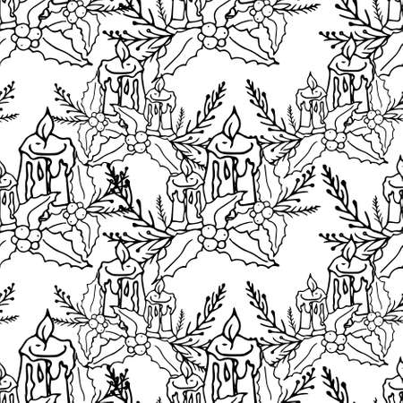 Candle holly seamless pattern monochrome decorative on white art design stock vector illustration for web, for print, for coloring pageのイラスト素材