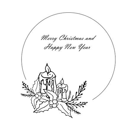 Candle holly christmas tree Happy New Year and Merry Christmas banner monochrome hand drawn ink sketch art design element stock vector illustration for web, for print, for congratulation cardのイラスト素材