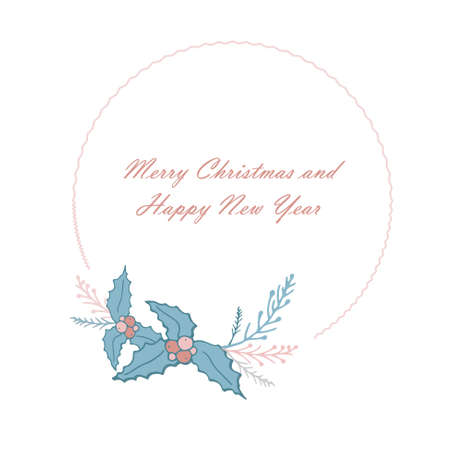 Merry Christmas and Happy New Year circle banner pastel blue pink color holly art design element stock vector illustration for web, for print, for postcardのイラスト素材