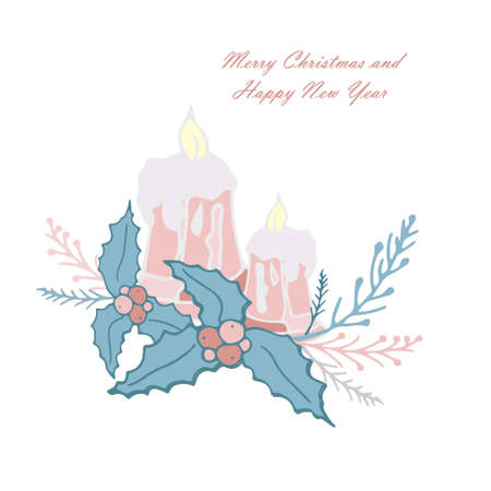 Merry Christmas and Happy New Year banner Candle holly pink blue pastel colored decorative on white art design stock vector illustration for web, for printのイラスト素材