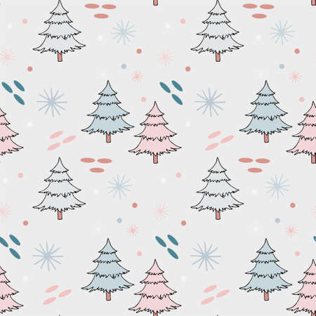 Outline white pink blue fir tree seamless pattern snowflake on gray art design stock vector illustration for web, for print, for wall paper, for wrapping paperのイラスト素材