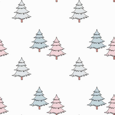 Outline white pink blue fir tree seamless pattern snowflake on gray art design stock vector illustration for web, for print, for wall paper, for wrapping paperのイラスト素材