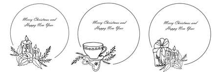Happy New Year and Merry Christmas round monochrome banner set. Candle cup fir branch art design element winter holiday stock vector illustration for web, for printのイラスト素材