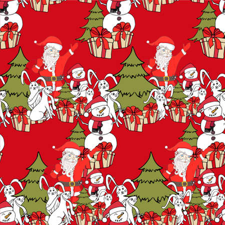 Winter holiday seamless pattern. Santa claus gift box christmas tree snowmen hare on red design element stock vector illustration for web, for print, for fabric print, for wallpaper, green, white, fanのイラスト素材