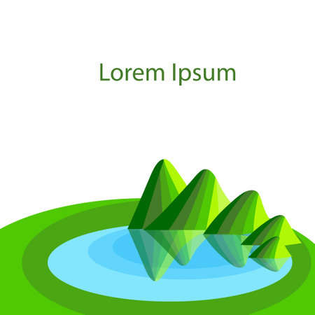 Striped green mountain near blue lake on white Lorem Ipsum background. Modern art design element nature stock vector illustration for web, for printのイラスト素材
