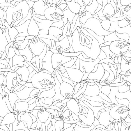 Lady's-slipper orchid monochrome seamless pattern art design elements stock vector illustration for web, for print, for gardening design, for product design, for packing designのイラスト素材