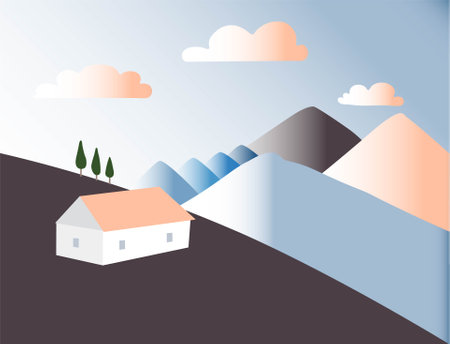 Mountain shelter on mountain landscape gradient background. Flat design blue pink mountain cloud white build pink roofのイラスト素材
