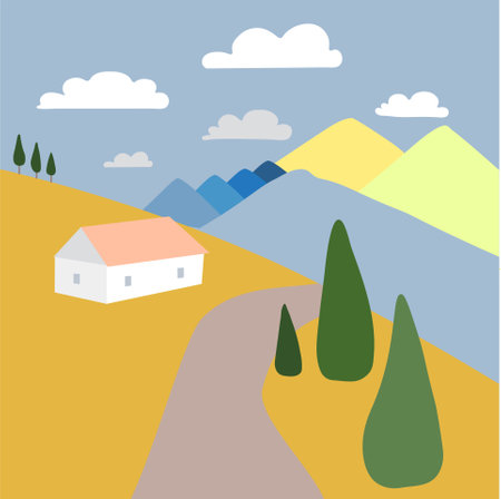 Mountain shelter on mountain landscape background. Flat design blue yellow mountain sky white cloud white build pink roof pathのイラスト素材