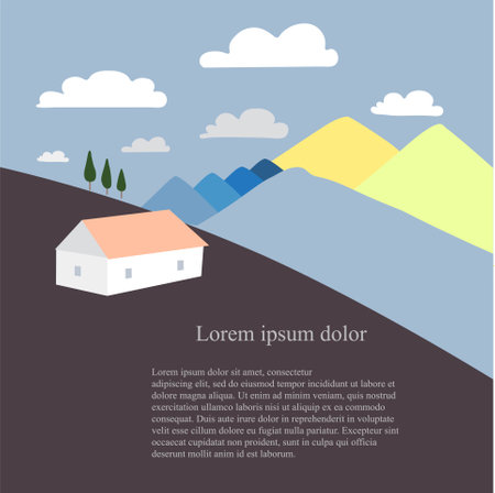 Mountain shelter on mountain landscape Lorem Ipsum on dark violet background. Flat design blue yellow mountain sky white cloud white build pink roofのイラスト素材