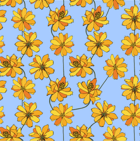 Cosmos seamless pattern. Yellow flower on blue botanical art design stock vector illustration for web, for print, for fabric printのイラスト素材
