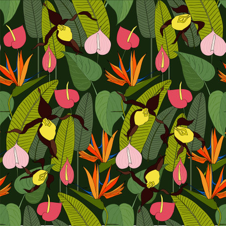 Tropical floral seamless pattern. Strelitzia orange flower anthurium red pink orhid flower green leaves nature art design element for web, for print, for fabric print, for walpapper stock vector illusのイラスト素材