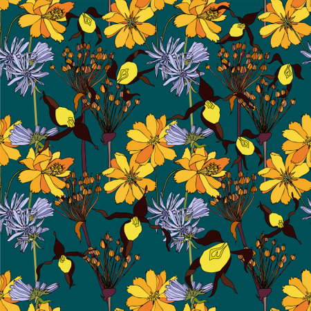 Chicory cosmos onion orchid seamless pattern. Yellow blue flower on blue botanical art design stock vector illustration for web, for print, for fabric printのイラスト素材