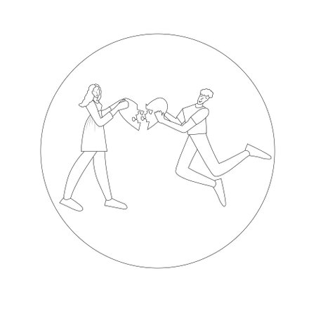 Men and woman in love with puzzle hert monochrome sketch art design stock vector illustration for web, for print, for coloring bookのイラスト素材