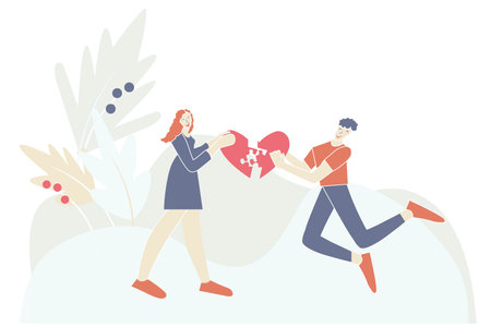 Love conception art design element. Couple in love connecting puzzle heart. Flat design inversion red blue pastel color modern vector illustrationのイラスト素材
