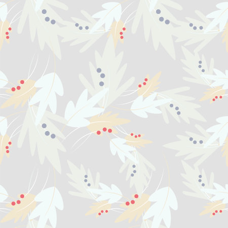 Botanical background gray green beige leaves blue red fruits on gray art design stock vector illustration for web, for print, for fabric printのイラスト素材