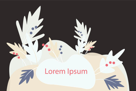 Botanical background gray green beige leaves blue red fruits on black Lorem ipsum art design stock vector illustration for web, for print, for social media coverのイラスト素材