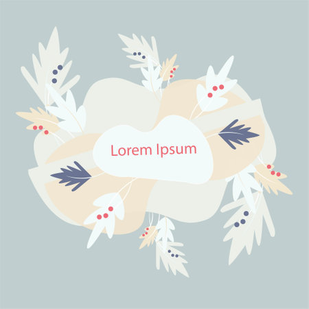 Botanical background gray green beige leaves blue red fruits on blue Lorem ipsum art design stock vector illustration for web, for print, for social media coverのイラスト素材