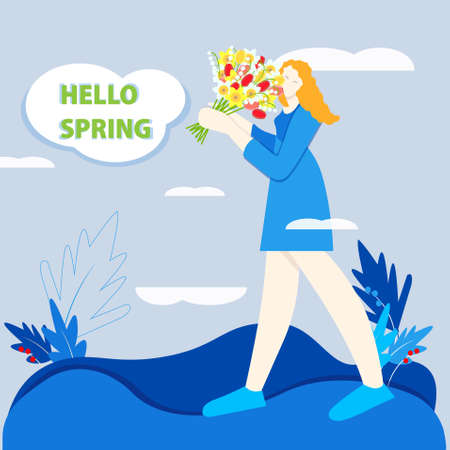 Hello spring banner. Girl adore spring flowers bouquet. Modern blue color illustration for web, for print, for postcardのイラスト素材