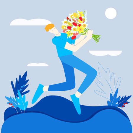 Boy with spring flower bouquet blue red yellow green art design element stock vector illustration for web, for printのイラスト素材