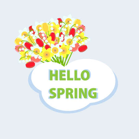 Hello spring banner with bouquet on blue art design elements stock vector illustration for web, for printのイラスト素材