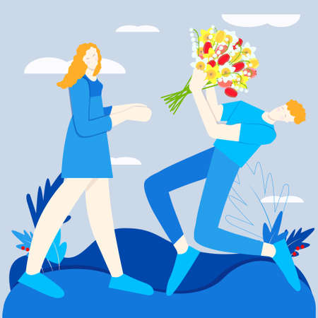 Guy gives a bouquet to girl. Flat design element love concept design element stock vector illustration for web, for printのイラスト素材