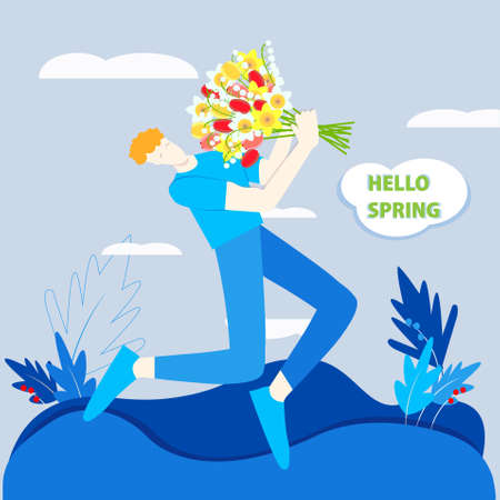 Hello spring banner. Boy adore spring flowers bouquet. Modern blue color illustration for web, for print, for postcardのイラスト素材
