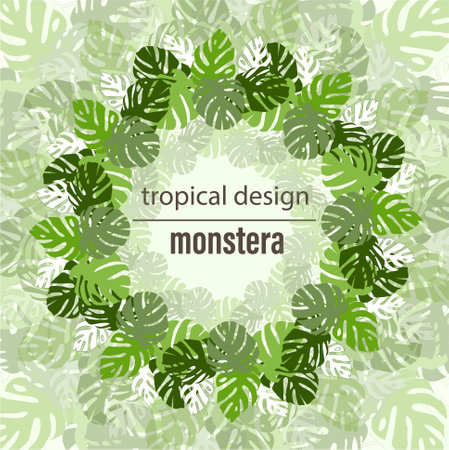 Monstera leaves round background. Jungle botany green on light blue background for web, for printのイラスト素材