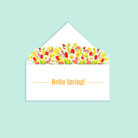 Hello spring banner. Envelope with spring flower background. Tulips daffodils lilies of the valley gray art design stock vector illustration for web, for printのイラスト素材
