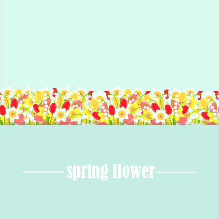 Spring flower background. Tulips daffodils lilies of the valley on blue art design stock vector illustration for web, for printのイラスト素材
