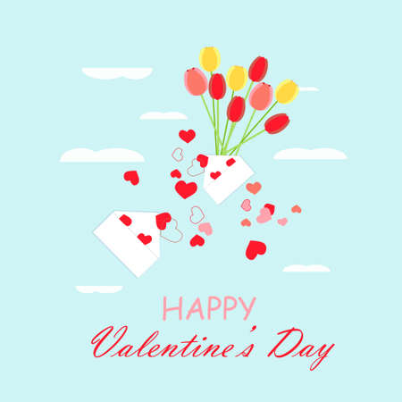 Happy Valentine's Day banner. Envelope with heart tulip white cloud on blue art design stock vector illustration for web, for printのイラスト素材